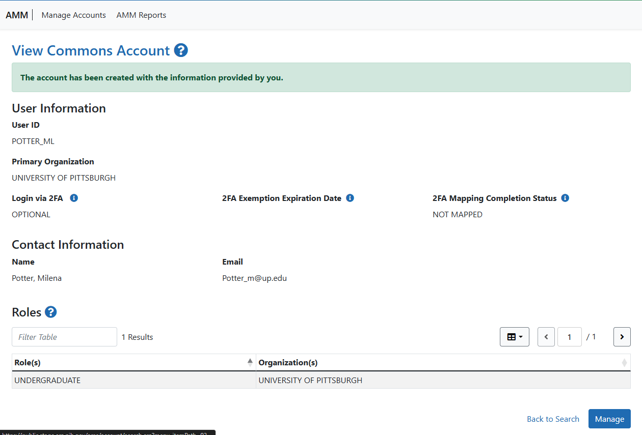 Screenshot of the View Commons Account screen displaying an account creation success notification